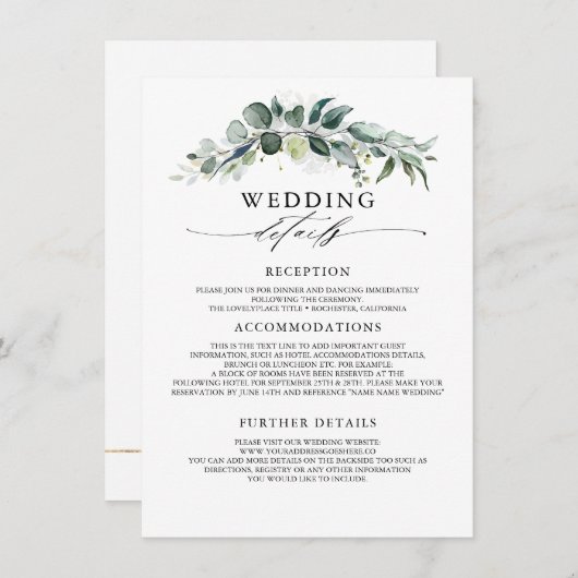 Groen en Eucalyptus Trouwinformatie Gast Informatiekaartje (Voorkant / Achterkant)