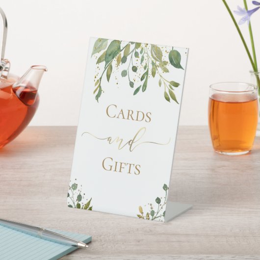 groen en faux glitter kaarten en geschenken teken reclamebord met voetstuk (Insitu)