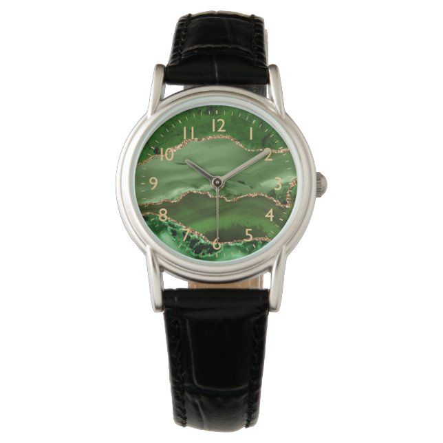 Groen en Faux Gold Glitter Marble Agate Horloge (Voorkant)