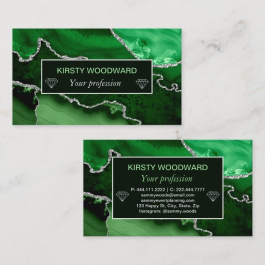 Groen en Faux Silver Glitter Marble Agate Visitekaartje (Voorkant / Achterkant)