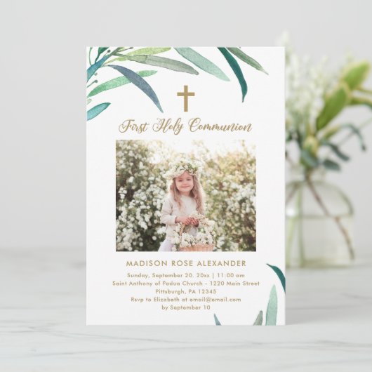 Groen en foto Eerste Heilige Communie Uitnodiging (Staand voorkant)