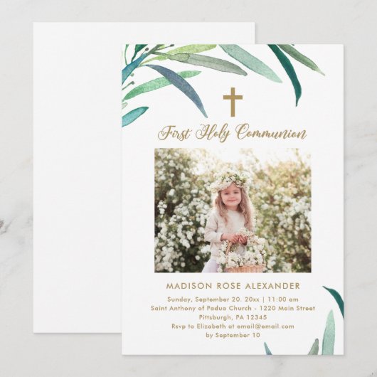 Groen en foto Eerste Heilige Communie Uitnodiging (Voorkant / Achterkant)