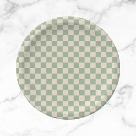 Groen en Gebroken Wit Checkerboard Papieren Bordje