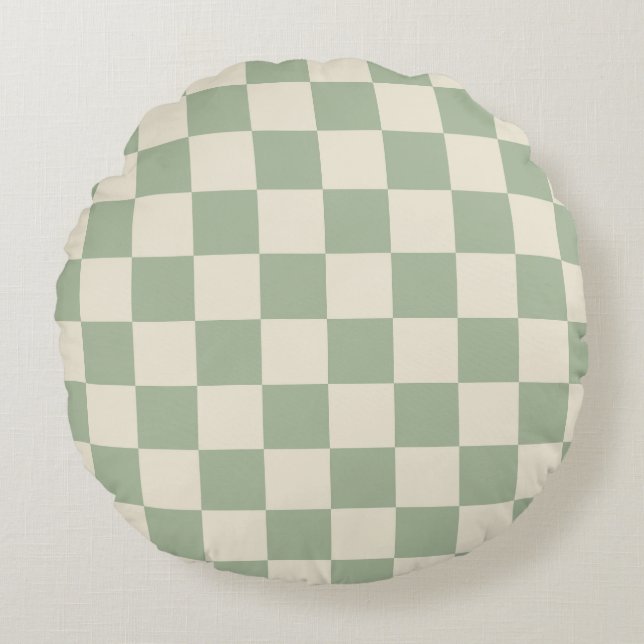Groen en Gebroken Wit Checkerboard Rond Kussen (Voorkant)