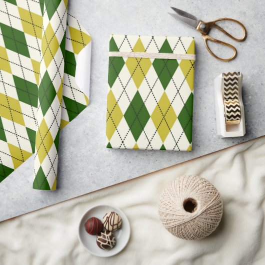 Groen en geel argylepatroon cadeaupapier (Crafts)