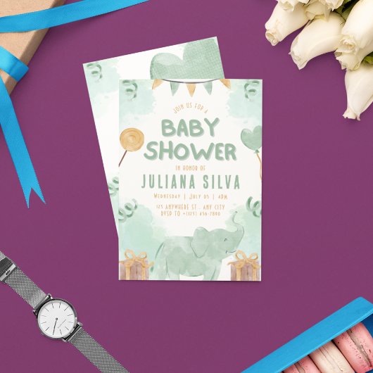 Groen en geel illustratief olifant Baby shower Kaart