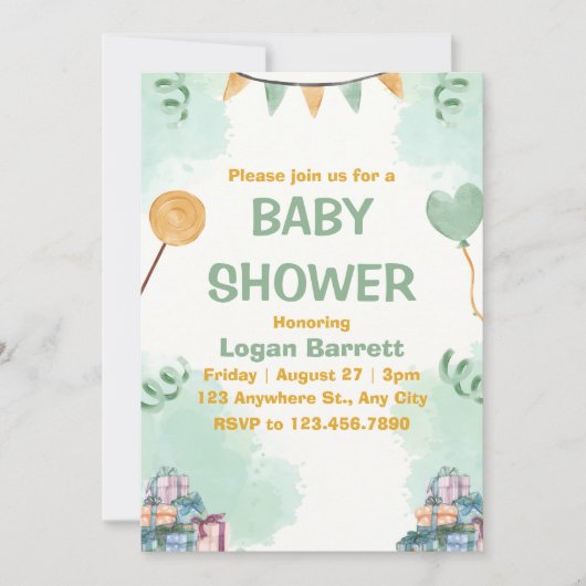 Groen en Geel Illustratief Schattige Baby shower Kaart (Voorkant)