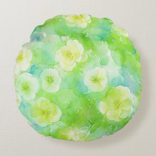 Groen en Geel Zachte Waterverf Bloemkussen Rond Kussen (Voorkant)