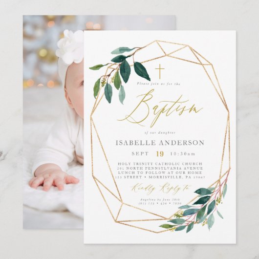 Groen en geometrisch lijst doopuitnodiging kaart (Voorkant / Achterkant)