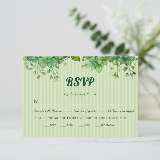 Groen en gestreept patroon lente bruiloft RSVP kaartje (Staand voorkant)