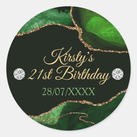 Groen en Glitter Agate Birthday Ronde Sticker (Voorkant)