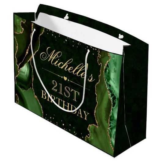 Groen en Glitter Marble Agate Birthday Groot Cadeauzakje (Achterkant Gekanteld)