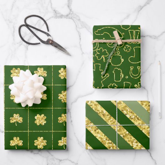 GROEN EN GOLD GLITTER KIJKEN IRISH SHAMROCKS INPAKPAPIER VEL (Voorkant)