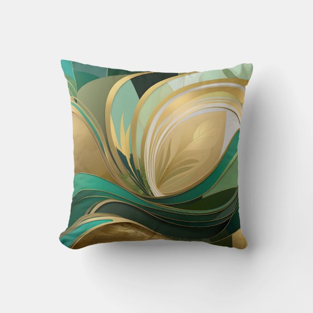 Groen en Goud Abstract Modern Leaf Kussen (Voorkant)