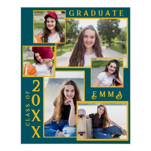 Groen en Goud Afstuderen Aankondiging Multi Photo Perfect Poster (Voorkant)