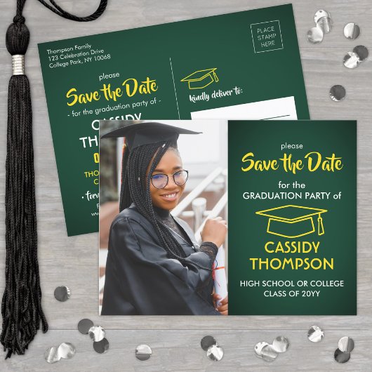 Groen en Goud Afstuderen Foto Save the Date Briefkaart
