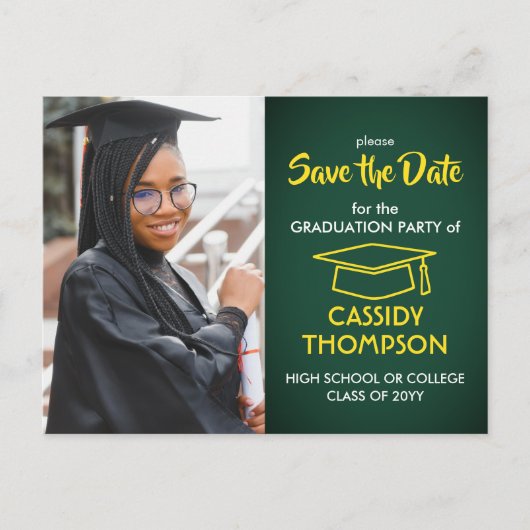 Groen en Goud Afstuderen Foto Save the Date Briefkaart (Voorkant)