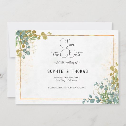 Groen en goud All In One eucalyptus waterverf Save The Date (Voorkant)