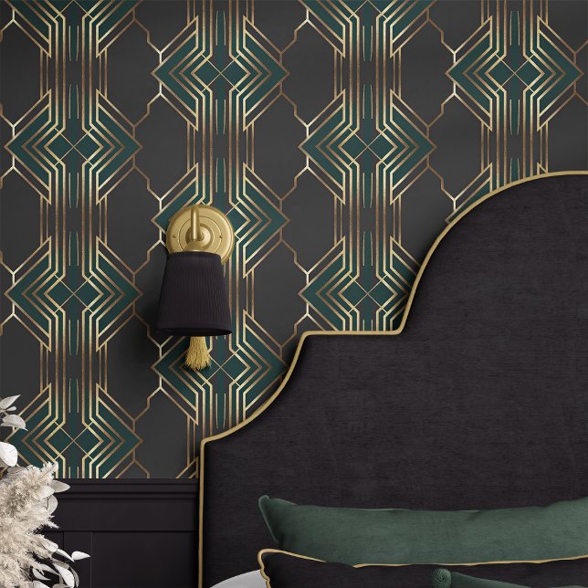 Groen en Goud Art Deco Geometrisch Behang (Creator heeft geüpload)