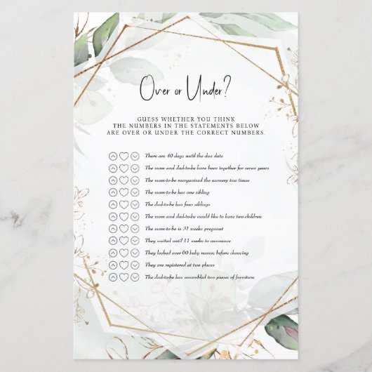 Groen en goud Baby shower gamen over of onder? (Voorkant)