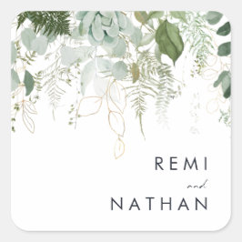 Groen en Goud Blad Bruiloft Envelop Afdichtingen Vierkante Sticker