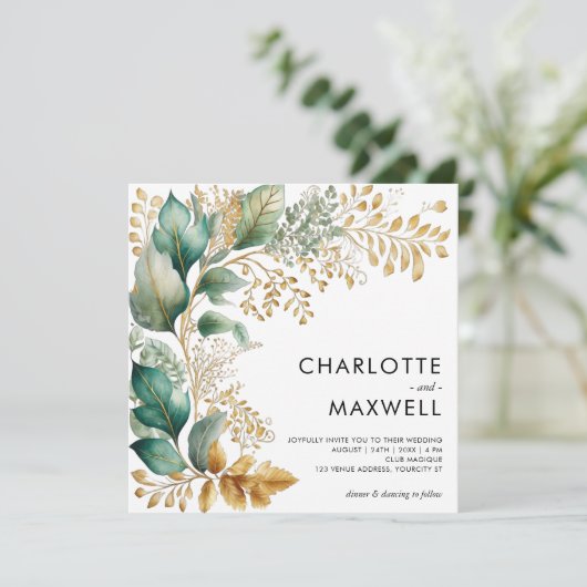 Groen en Goud Blad Square Sage Bruiloft Kaart (Staand voorkant)