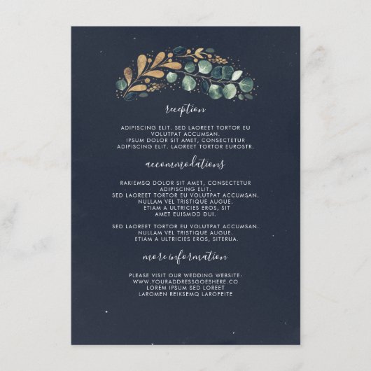 Groen en Goud Blauw Bruiloft Informatie Gast Informatiekaartje (Voorkant)