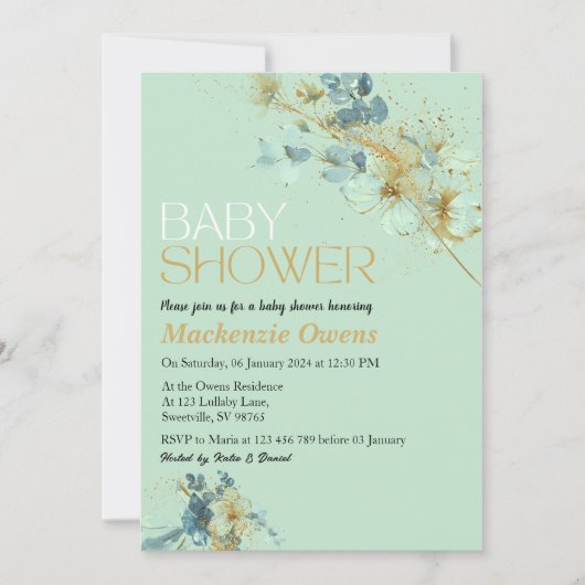 Groen en Goud Bloemen Blush Baby shower Kaart (Voorkant)