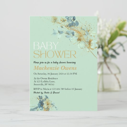  Groen en Goud Bloemen Blush Baby shower Kaart (Staand voorkant)
