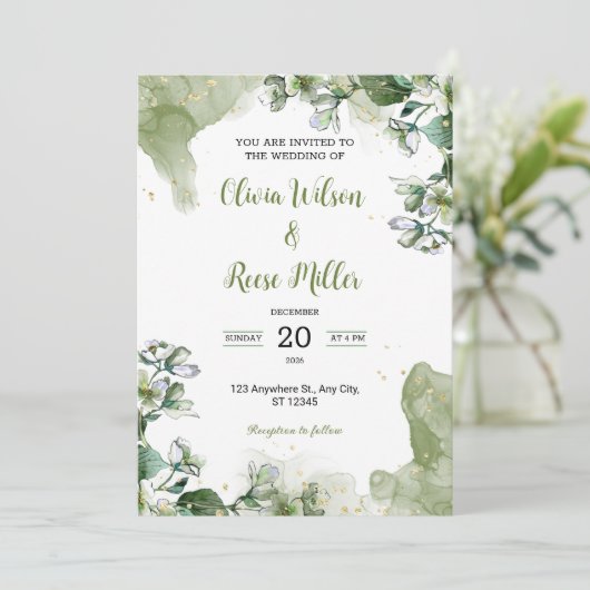 Groen en Goud Bloemen Luxe Huwelijksuitnodiging Kaart (Staand voorkant)