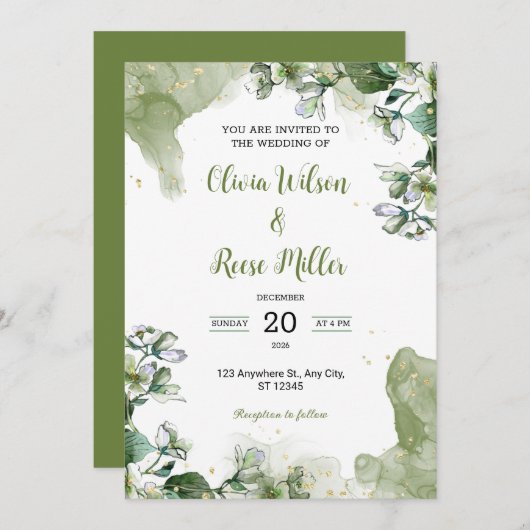 Groen en Goud Bloemen Luxe Huwelijksuitnodiging Kaart (Voorkant / Achterkant)