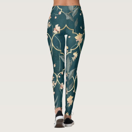 Groen en Goud Bloemen Patroon Leggings (Achterkant)