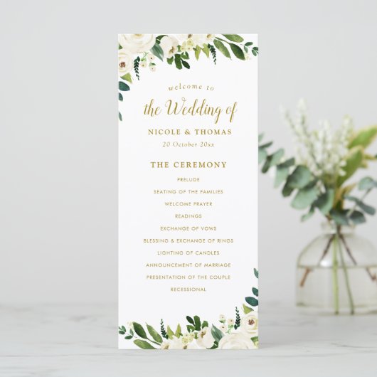 Groen en goud bloemenbruiloft programma programmakaart (Staand voorkant)