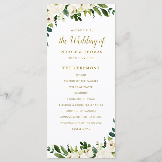 Groen en goud bloemenbruiloft programma programmakaart (Voorkant)