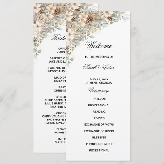 Groen en goud bloemendubbel zijprogramma kaart (Voorkant / Achterkant)