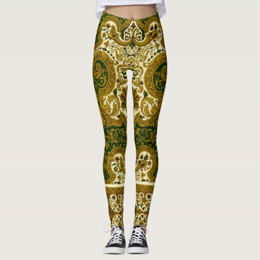 groen en goud bloemenpatroon leggings (Voorkant)