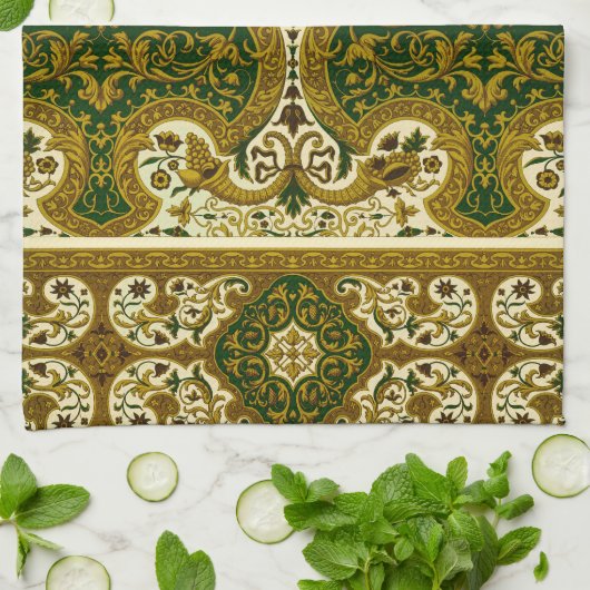 groen en goud bloemenpatroon theedoek (Gevouwen)