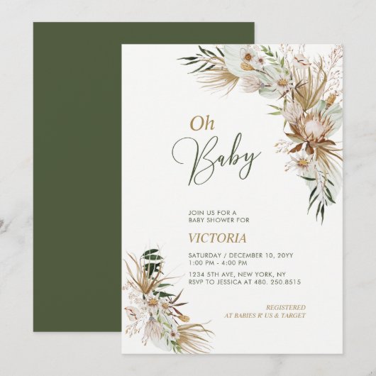 Groen en goud Boho Botanical Oh Baby shower Kaart (Voorkant / Achterkant)