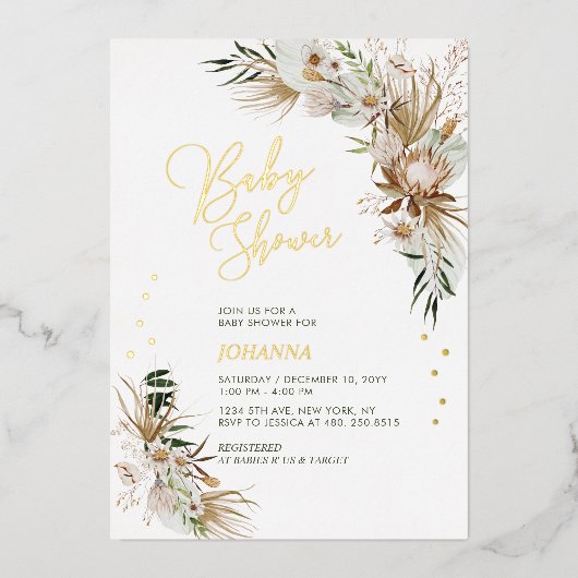 Groen en goud Boho Botanisch Baby shower Folie Uitnodiging (Voorkant)