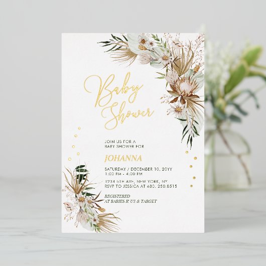 Groen en goud Boho Botanisch Baby shower Folie Uitnodiging (Staand Voorkant)