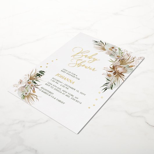 Groen en goud Boho Botanisch Baby shower Folie Uitnodiging (Gedraaid)