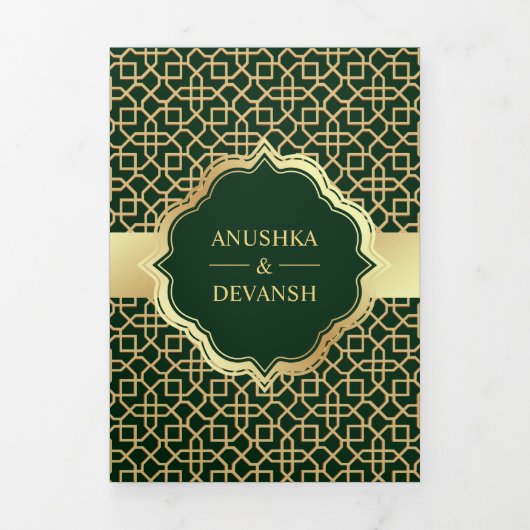 Groen en Goud Bollywood Stijl Indische Bruiloft Drieluik Uitnodiging (Cover)
