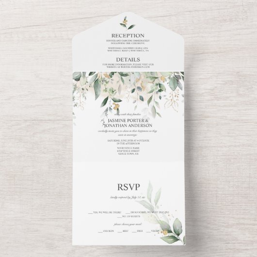 Groen en Goud Botanisch | All In One Uitnodiging (Binnen)