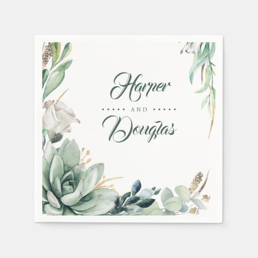 Groen en Goud Botanische Elegante Huwelijk Servet (Voorkant)
