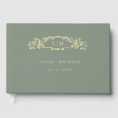 Groen en Goud botanische kam monogram bruiloft Gastenboek (Voorkant)