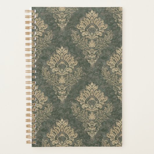 Groen en Goud Damast Grote Print Planner (Voorkant)