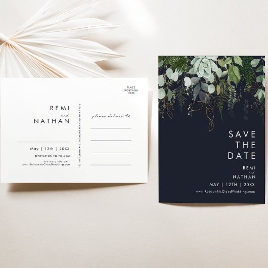Groen en Goud Donker Marineblauw Save The Date Ans Uitnodiging Briefkaart