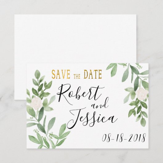 Groen en goud Eenvoudige bruiloft Save the Date (Voorkant / Achterkant)