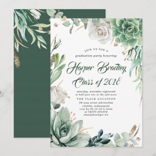 Groen en Goud | Elegant Graduation Party Kaart (Voorkant / Achterkant)