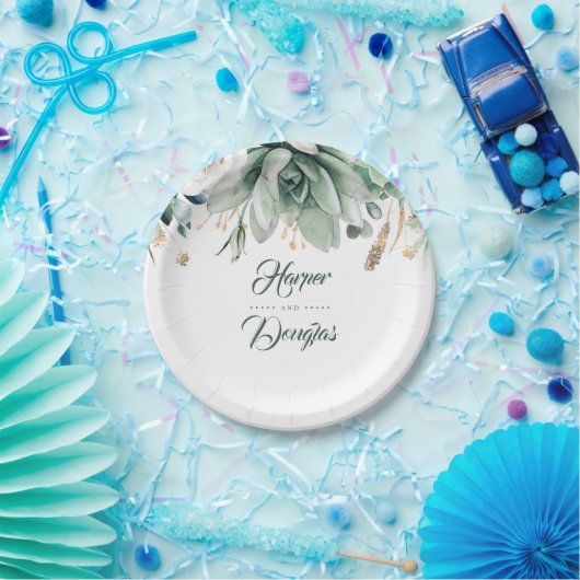 Groen en Goud Elegant Tuin Bruiloft Papieren Bordje (Feest)